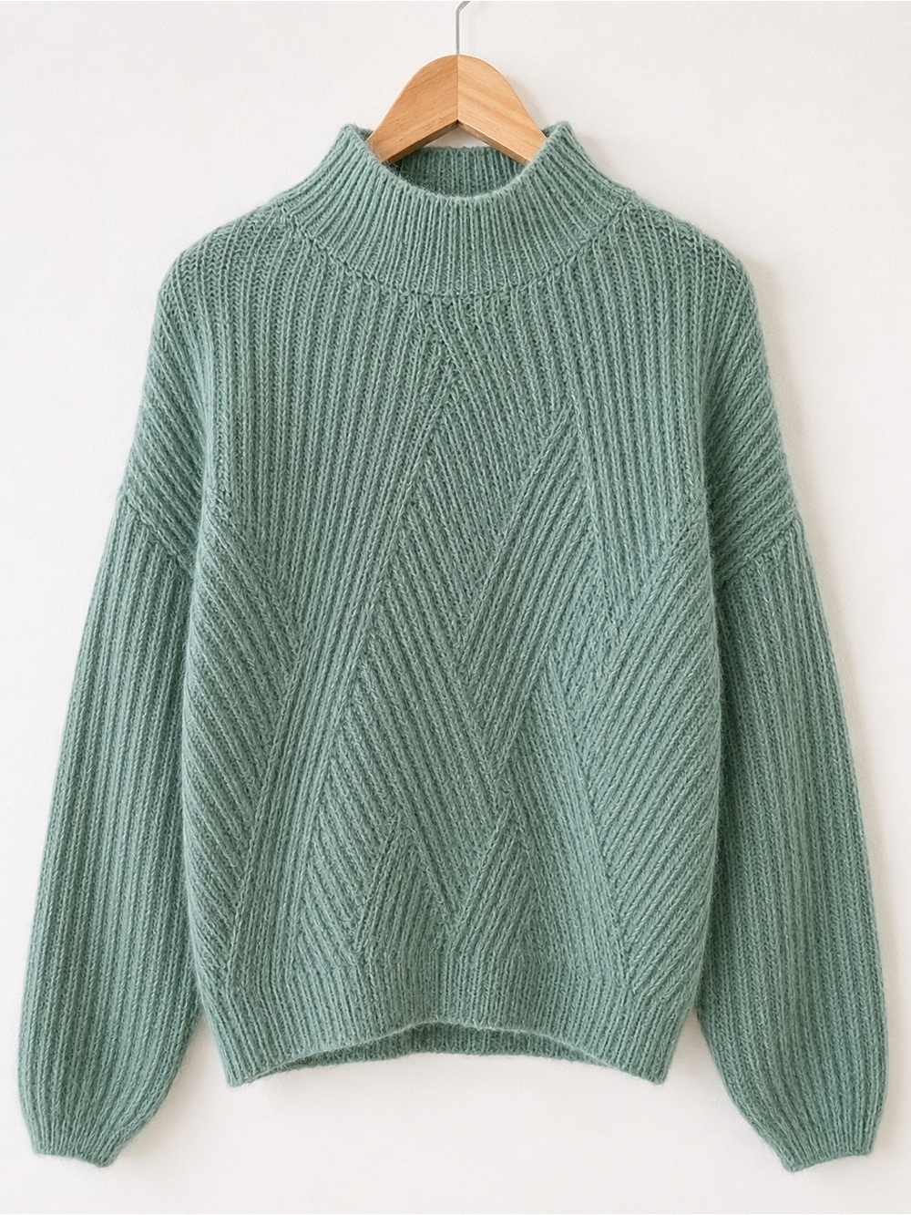 FRNCH Paris Sage Green Fuzzy Mock Neck Ribbed Sweater Size S/M Soft Cozy
